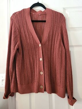 Open-Knit Button-Front Cardigan Sweater - Dark Orange